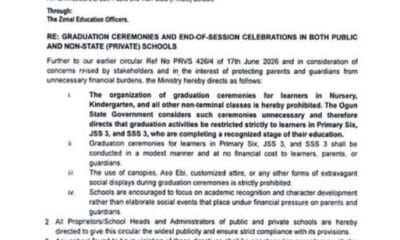 Ogun Bans Graduation Ceremonies For Nursery Pupils, Limits Events To Primary 6, JSS 3, SS 3