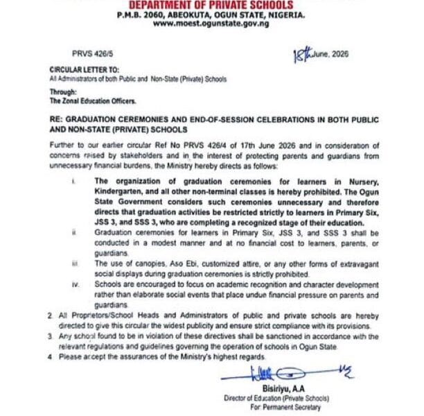 Ogun Bans Graduation Ceremonies For Nursery Pupils, Limits Events To Primary 6, JSS 3, SS 3