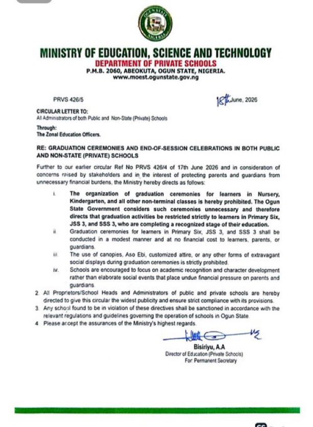 Ogun Bans Graduation Ceremonies For Nursery Pupils, Limits Events To Primary 6, JSS 3, SS 3
