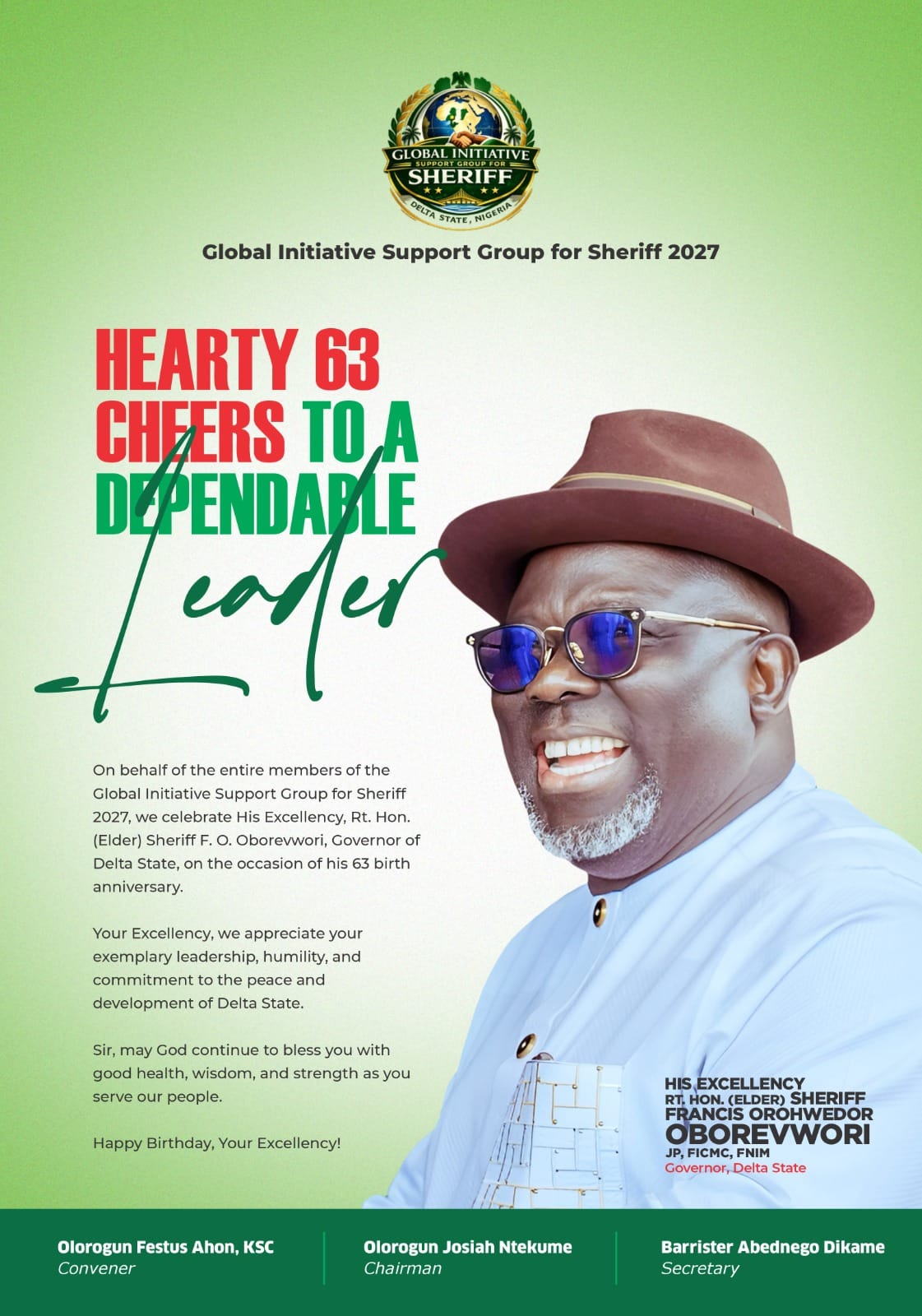 Sheriff Support Group Hails Oborevwori At 63, Applauds Development Strides In Delta