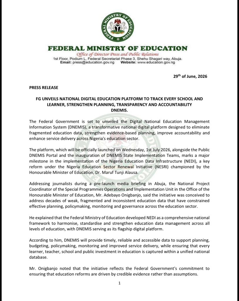 FG Launches Digital Platform To Track Every School, Learner