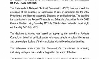 INEC Extends Deadline For Political Parties To Submit Candidates For 2027 Elections