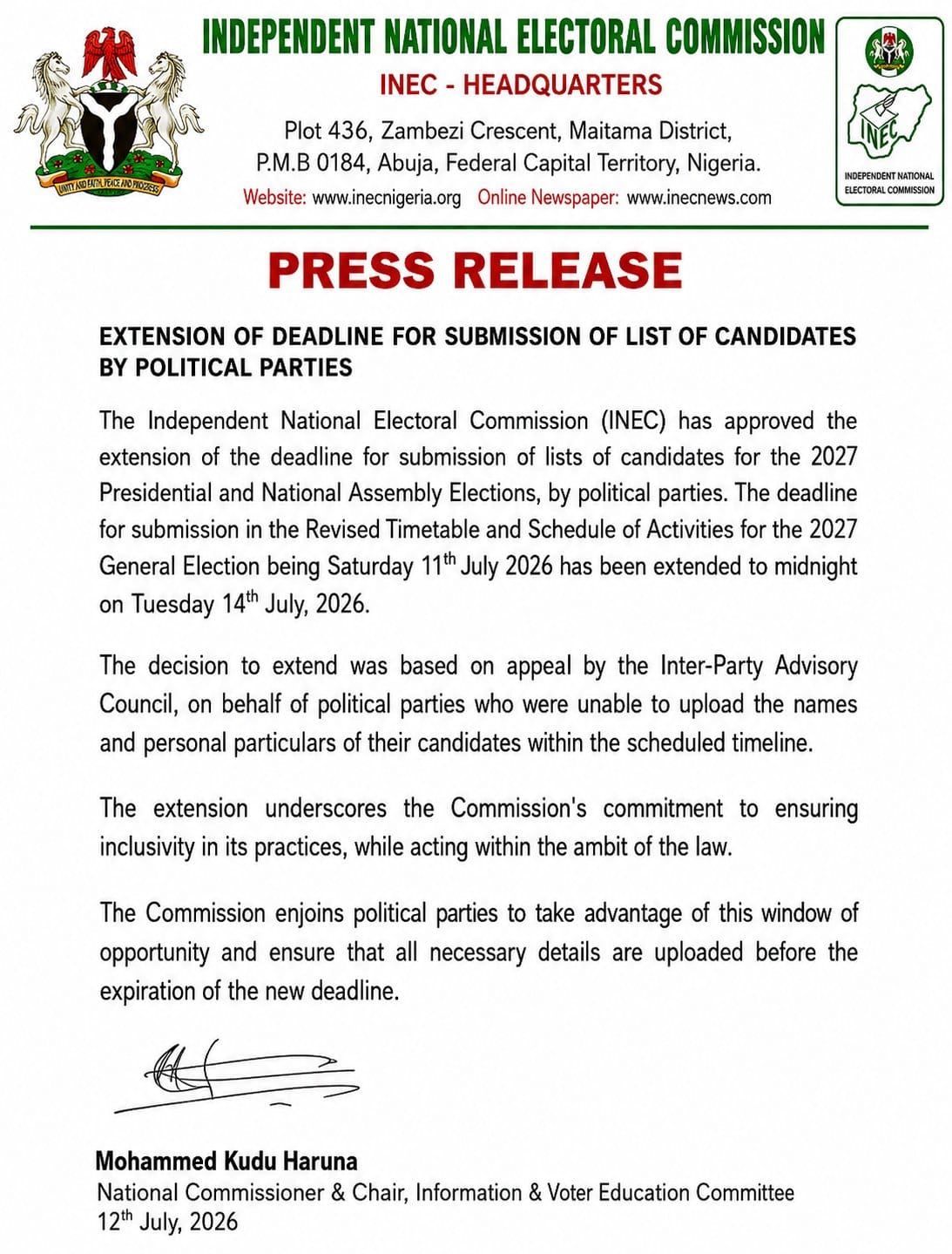INEC Extends Deadline For Political Parties To Submit Candidates For 2027 Elections