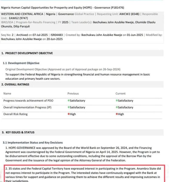 World Bank Confirms Anambra Did Not Express Interest In 2024 World Bank Hope-Governance Loan Program