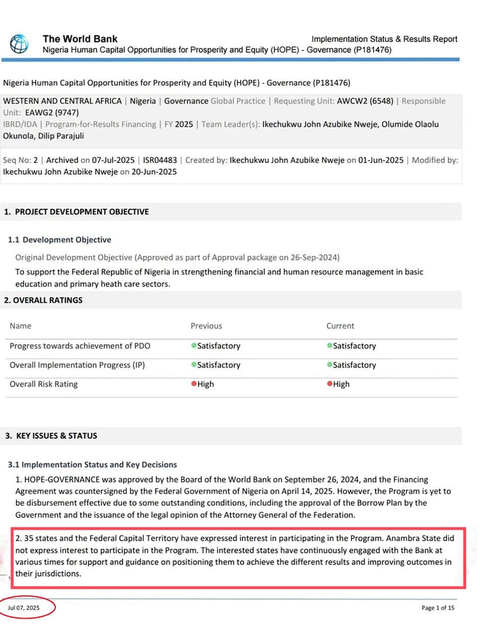 World Bank Confirms Anambra Did Not Express Interest In 2024 World Bank Hope-Governance Loan Program