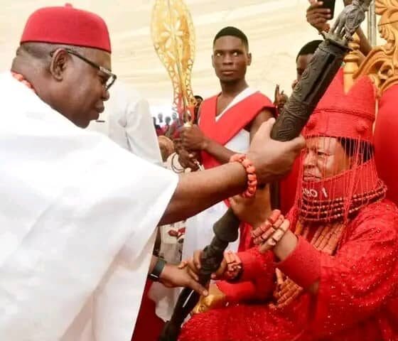 Governor Oborevwori Presents Staff Of Office To First Ovie Of Oyede Kingdom