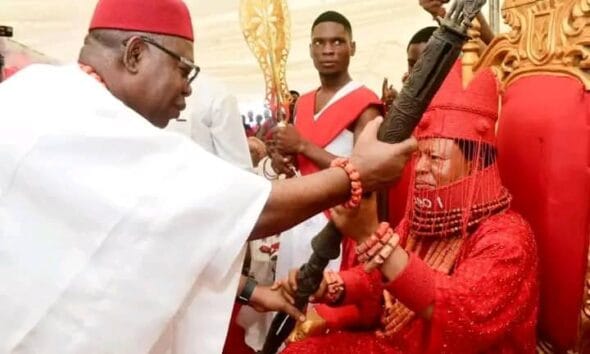 Governor Oborevwori Presents Staff Of Office To First Ovie Of Oyede Kingdom