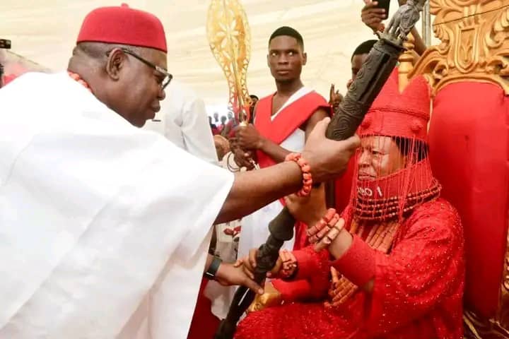 Governor Oborevwori Presents Staff Of Office To First Ovie Of Oyede Kingdom