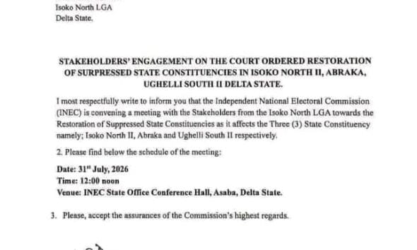 INEC Begins Implementation of Court Judgment Restoring Abraka, Isoko North II, Ughelli South II State Constituencies