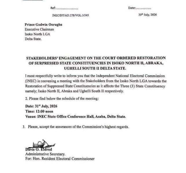 INEC Begins Implementation of Court Judgment Restoring Abraka, Isoko North II, Ughelli South II State Constituencies