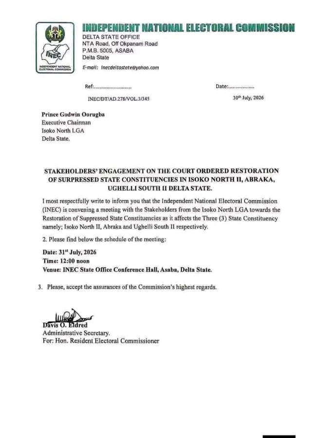 INEC Begins Implementation of Court Judgment Restoring Abraka, Isoko North II, Ughelli South II State Constituencies