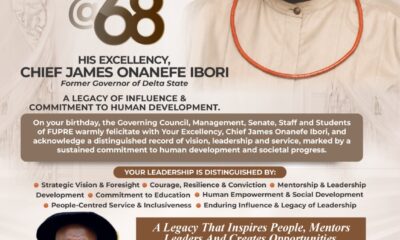 FUPRE VC Celebrates Chief James Ibori At 68, Commends Vision, Leadership, Enduring Influence