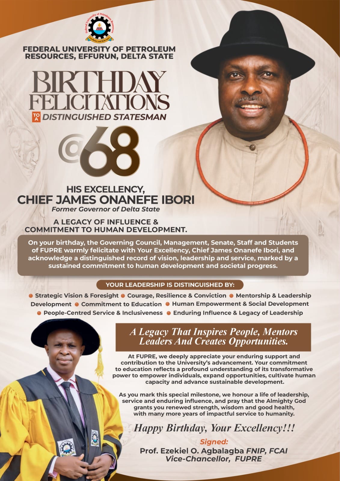 FUPRE VC Celebrates Chief James Ibori At 68, Commends Vision, Leadership, Enduring Influence
