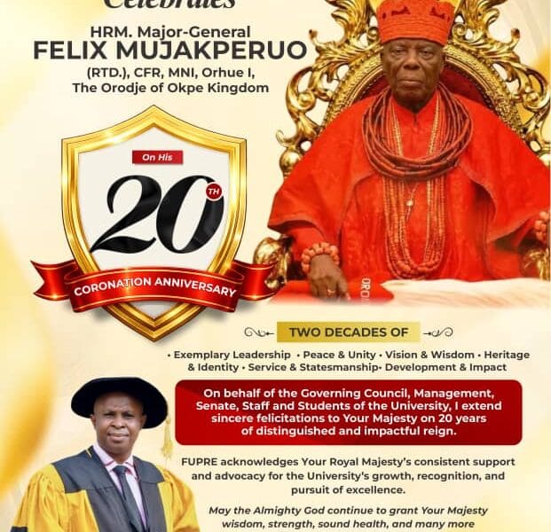 Coronation Anniversary: FUPRE VC, Agbalagba, Hails Orodje Of Okpe, Hails 20 Years Of Vision, Peace, Statesmanship, Enduring Impact