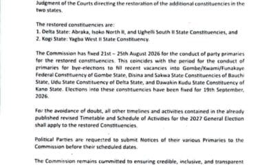 INEC Restores Abraka State Constituency, Two Others In Delta, Reinstates Yagba West II In Kogi