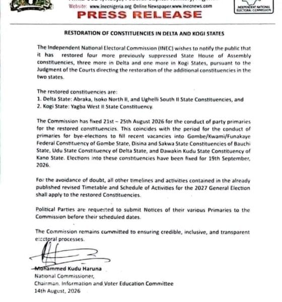 INEC Restores Abraka State Constituency, Two Others In Delta, Reinstates Yagba West II In Kogi