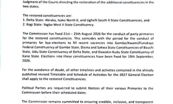 INEC Restores Abraka State Constituency, Two Others In Delta, Reinstates Yagba West II In Kogi