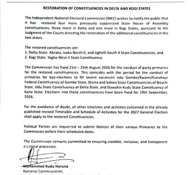 INEC Restores Abraka State Constituency, Two Others In Delta, Reinstates Yagba West II In Kogi