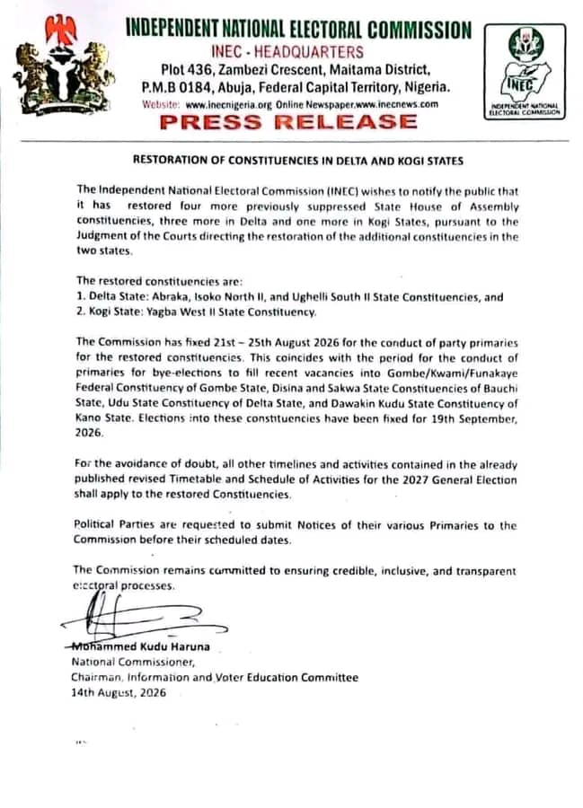 INEC Restores Abraka State Constituency, Two Others In Delta, Reinstates Yagba West II In Kogi
