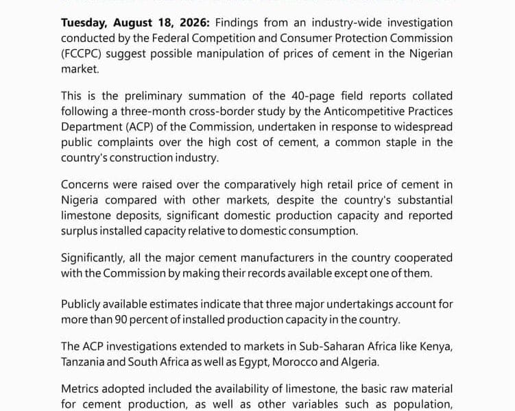 FCCPC Uncovers Possible Price Manipulation In Cement Market
