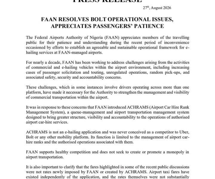 FAAN Resolves Bolt Operational Issues, Service Resumes At Airports