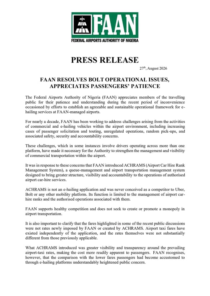 FAAN Resolves Bolt Operational Issues, Service Resumes At Airports