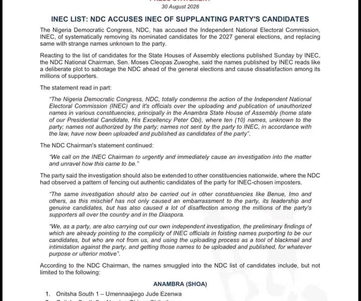 NDC Accuses INEC Of Replacing Party Candidates With ‘Strange Names’