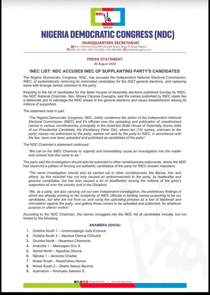 NDC Accuses INEC Of Replacing Party Candidates With ‘Strange Names’