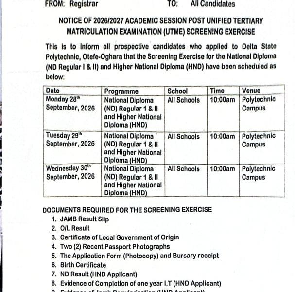 Otefe: Delta State Polytechnic Announces 2026/2027 Post-UTME Screening Dates