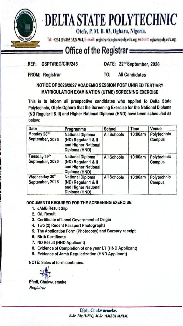Otefe: Delta State Polytechnic Announces 2026/2027 Post-UTME Screening Dates