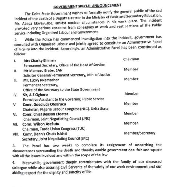 DTSG Constitutes Panel To Probe Death Of Education Ministry Deputy Director, Adeda