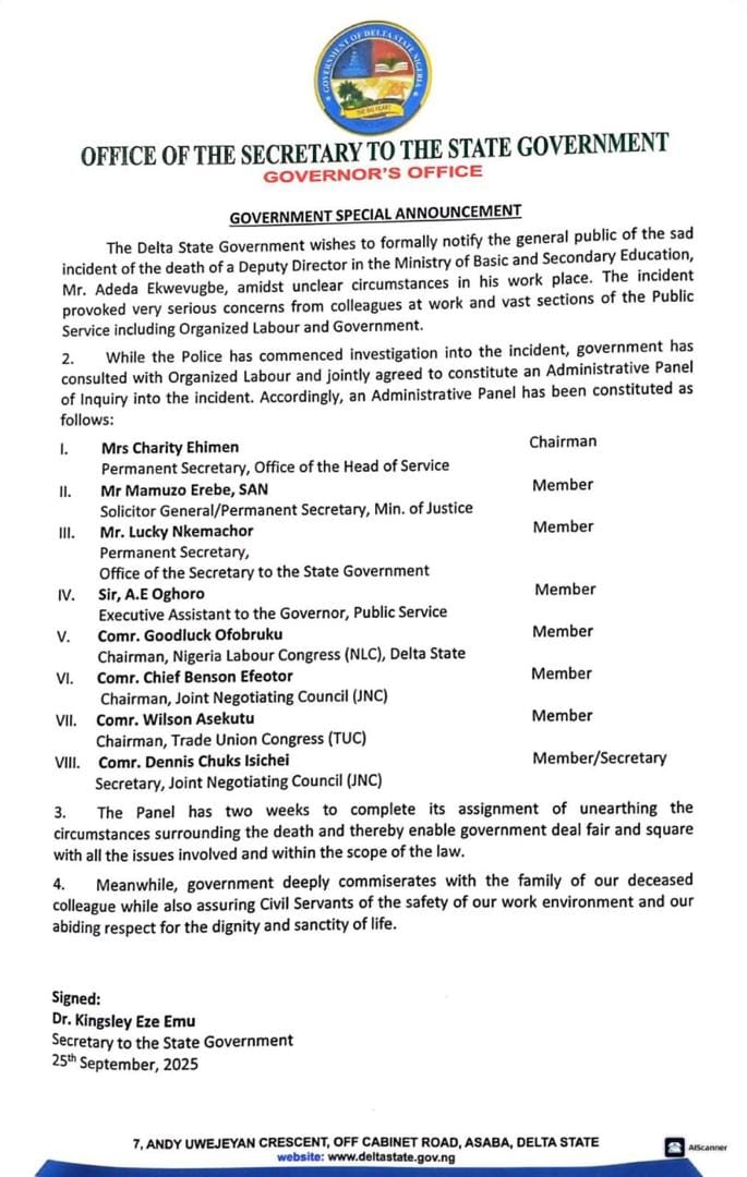 DTSG Constitutes Panel To Probe Death Of Education Ministry Deputy Director, Adeda