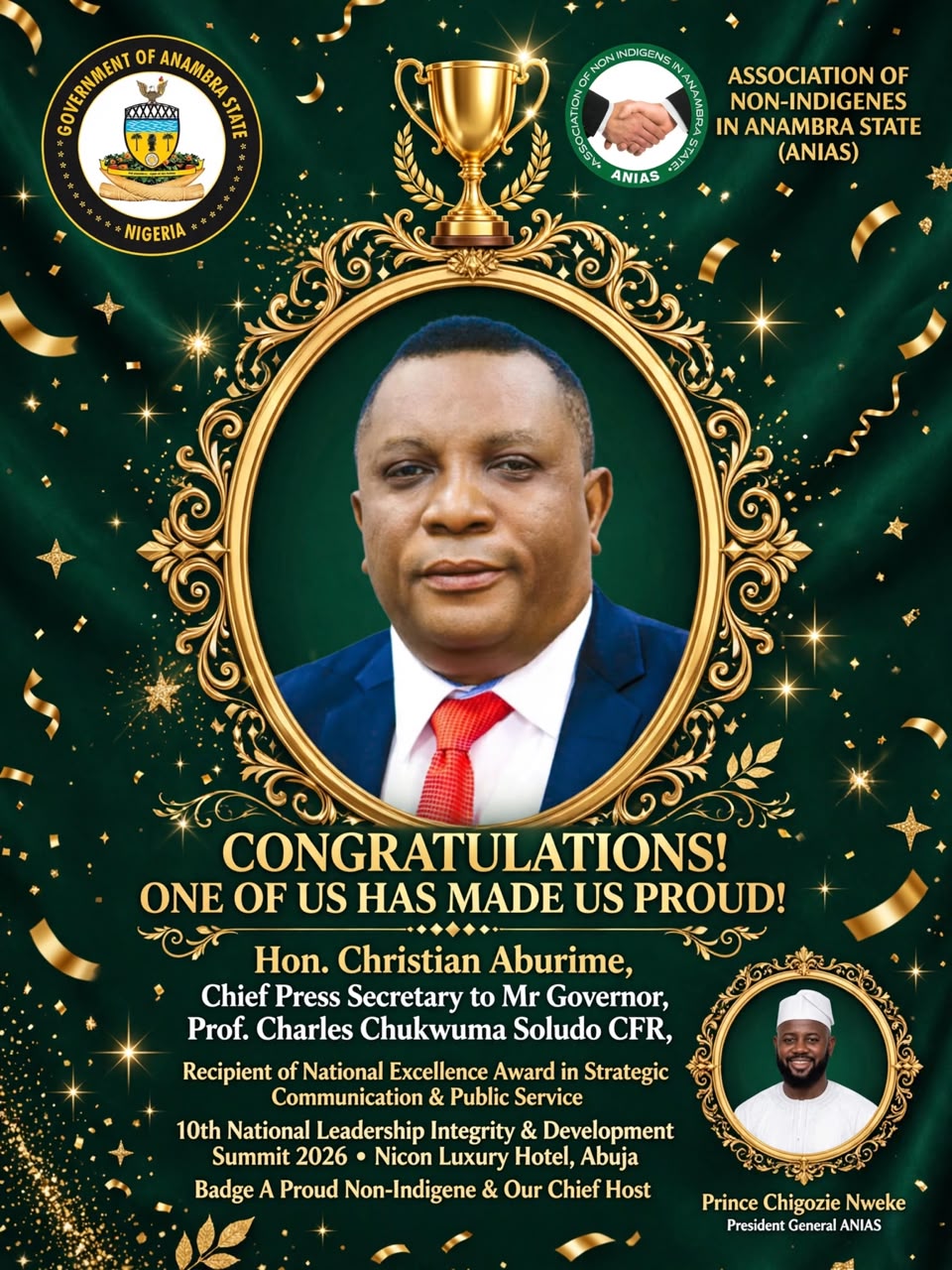ANIAS Congratulates Hon. Christian Aburime On National Excellence Award